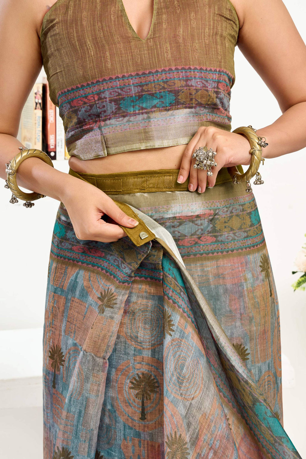 Sage Green Printed Linen Ready to Wear Saree with Unstitched Blouse