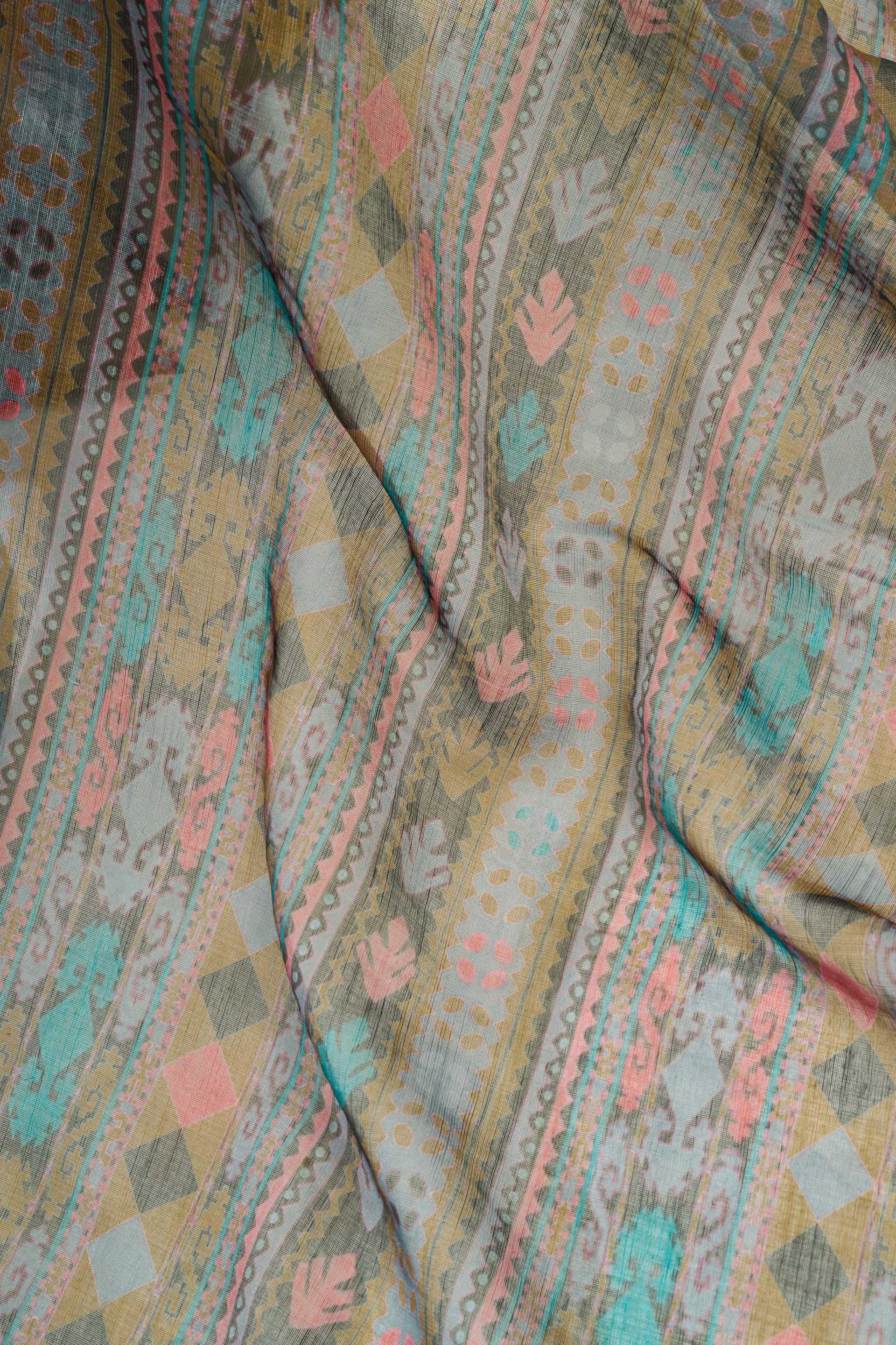 Sage Green Printed Linen Ready to Wear Saree with Unstitched Blouse