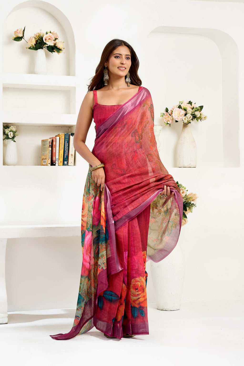 Maroon printed ready to wear linen saree with unstitched blouse