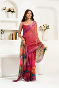 Maroon printed ready to wear linen saree with unstitched blouse
