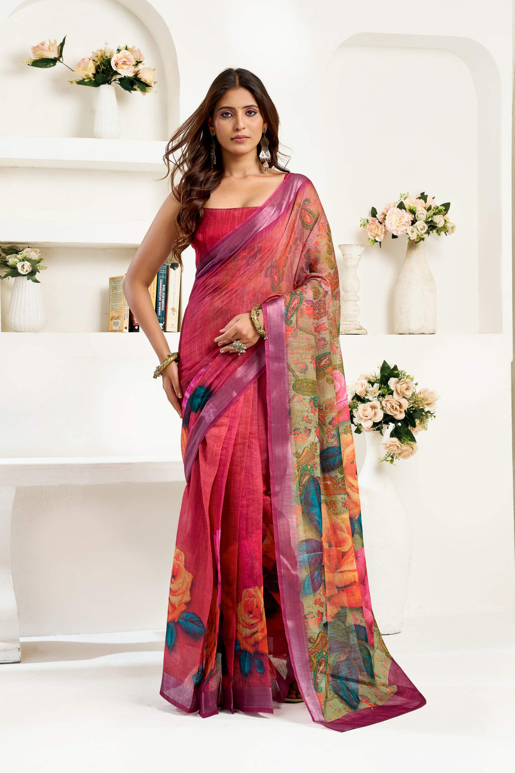 Maroon Printed Ready to Wear Linen Saree with Blouse Piece