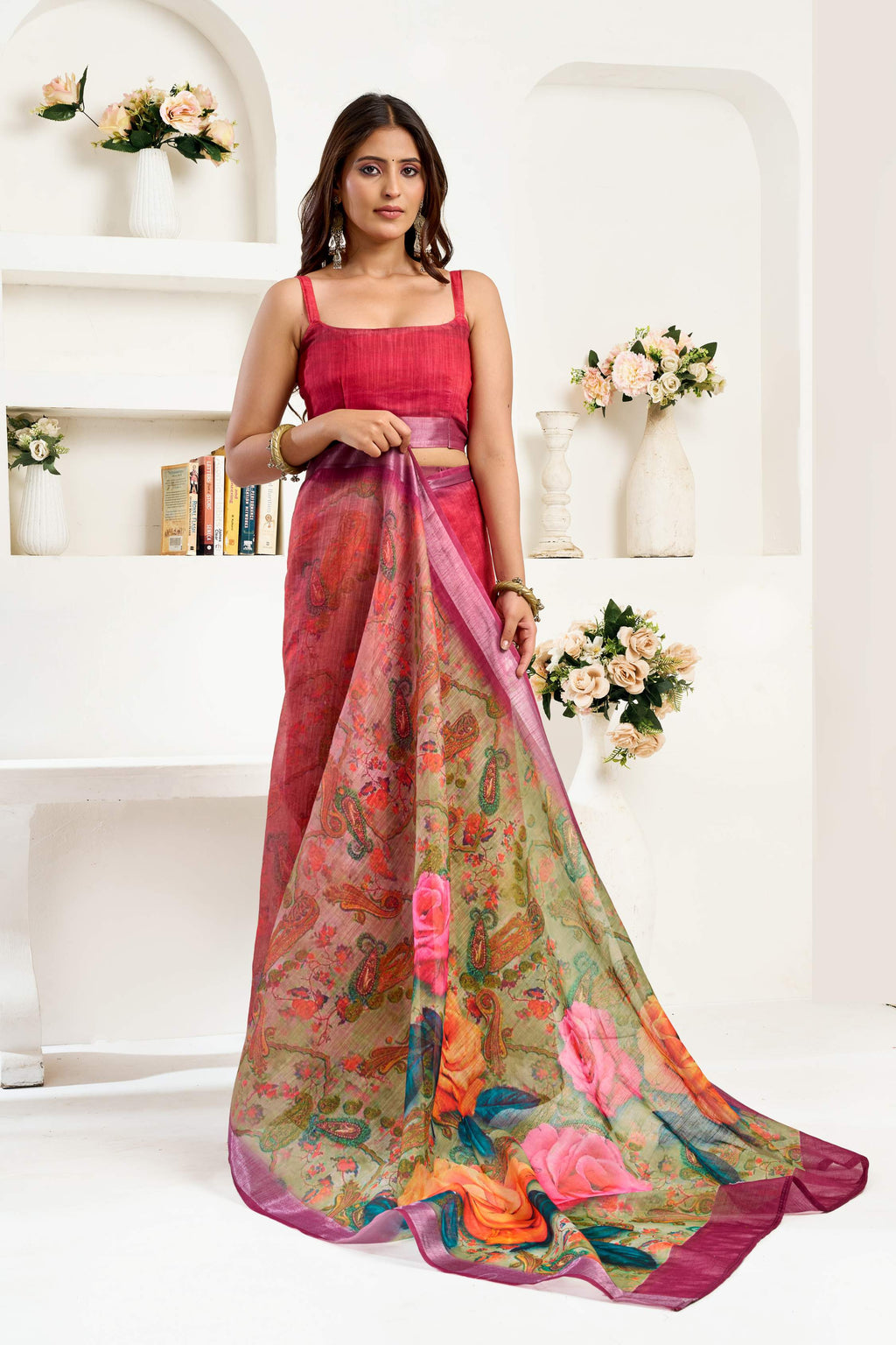 Maroon Printed Ready to Wear Linen Saree with Blouse Piece