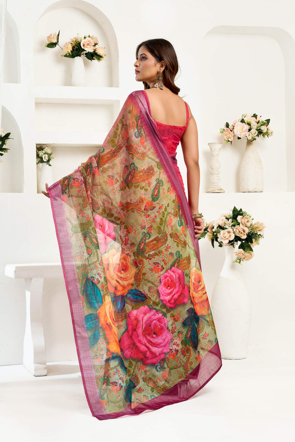 Maroon Printed Ready to Wear Linen Saree with Blouse Piece