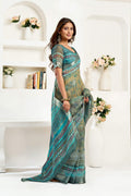 Sage Green Printed Linen Ready to Wear Saree with Blouse Piece