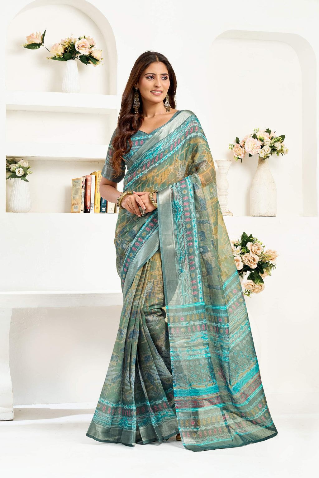 Sage Green printed linen ready-to-wear saree with unstitched blouse piece