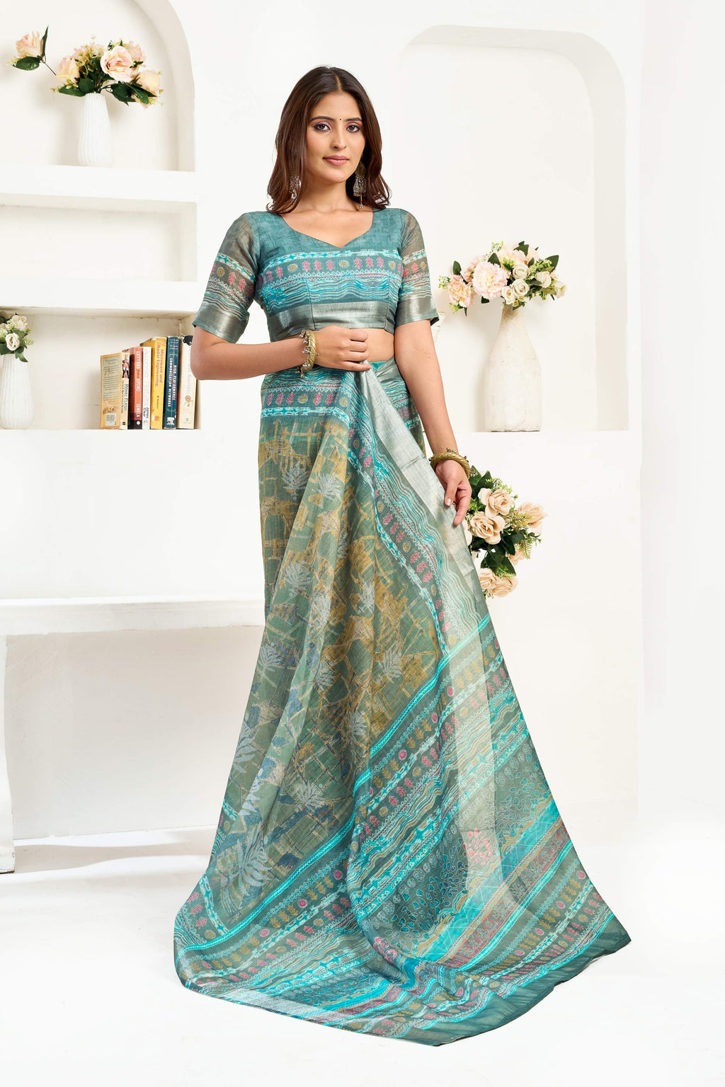 Sage Green Printed Linen Ready to Wear Saree with Blouse Piece
