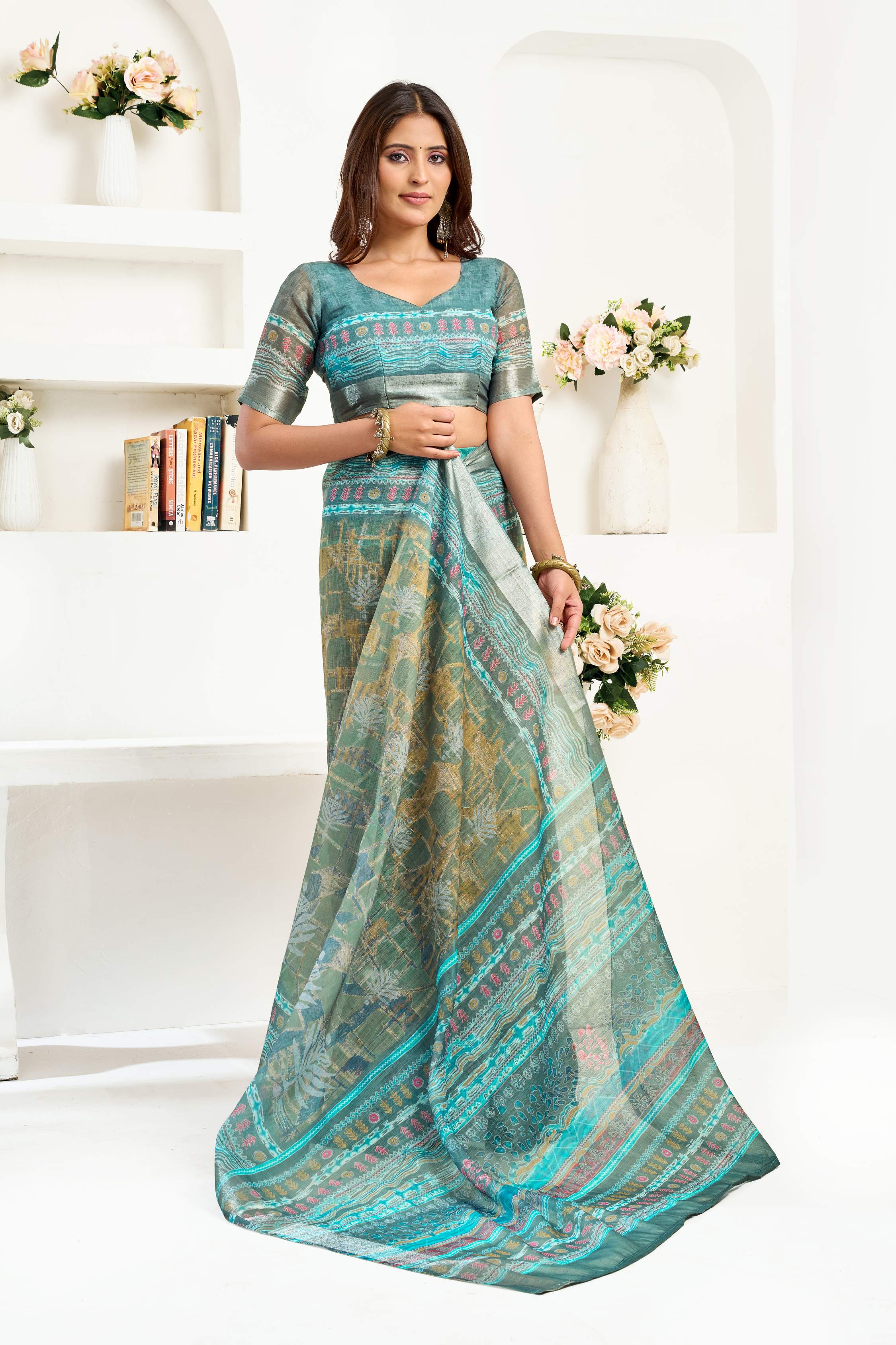 Sage Green Printed Linen Ready to Wear Saree with Blouse Piece