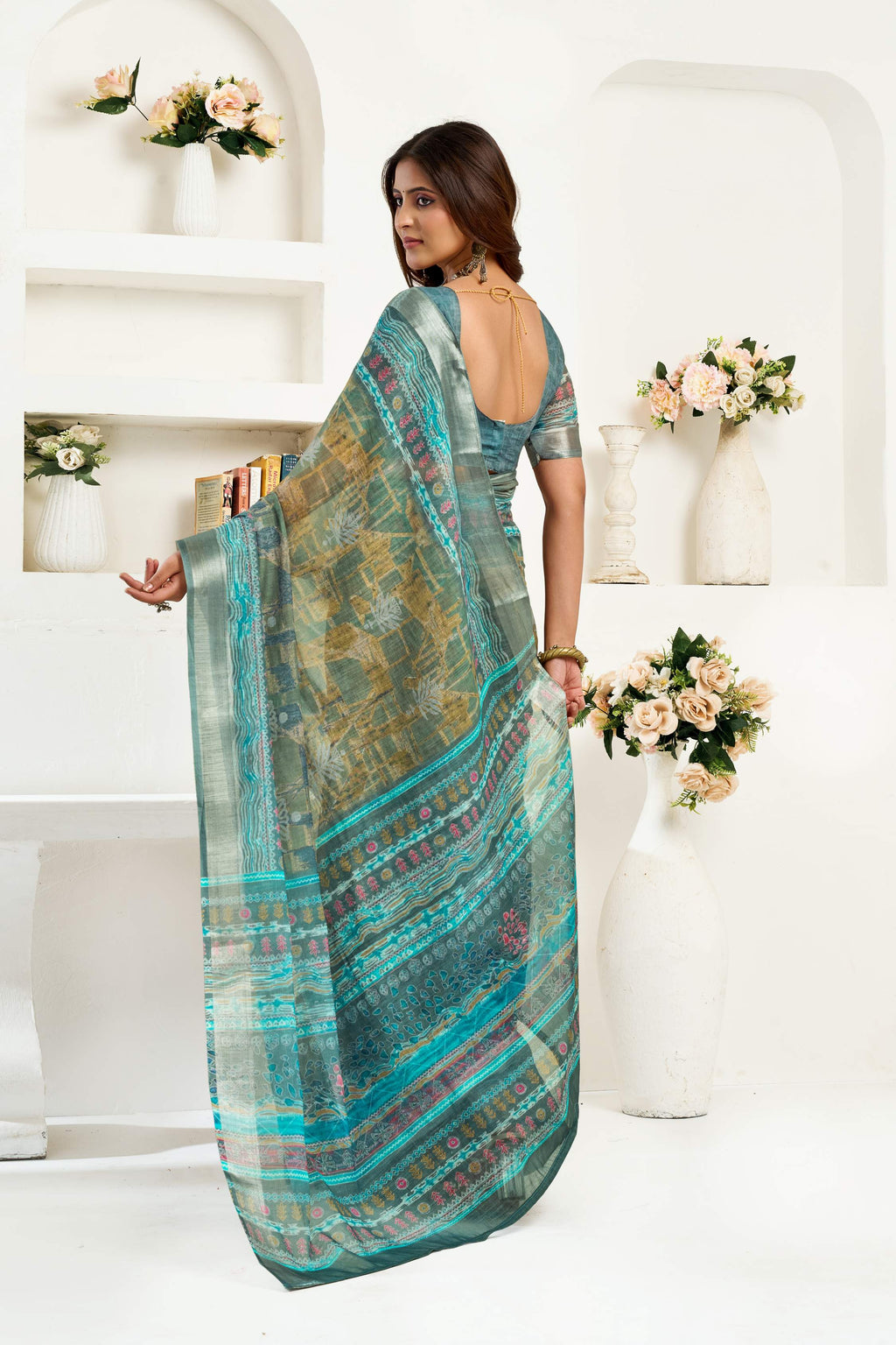 Sage Green Printed Linen Ready to Wear Saree with Blouse Piece