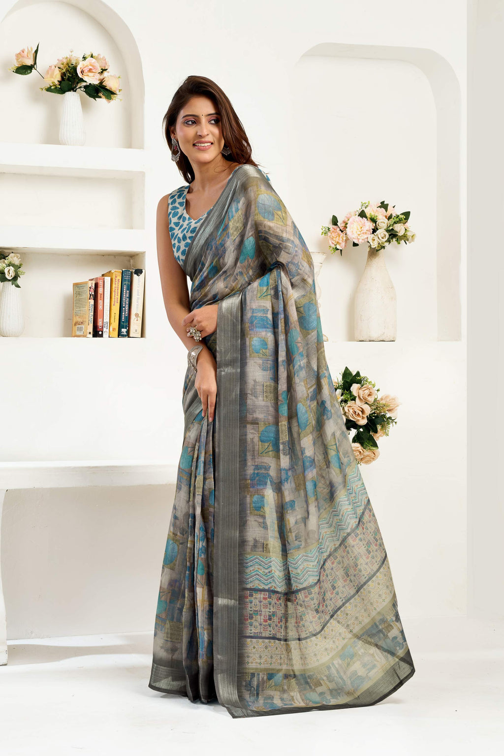 Grey printed ready to wear linen saree featuring unstitched blouse piece