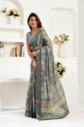 Grey printed ready to wear linen saree featuring unstitched blouse piece