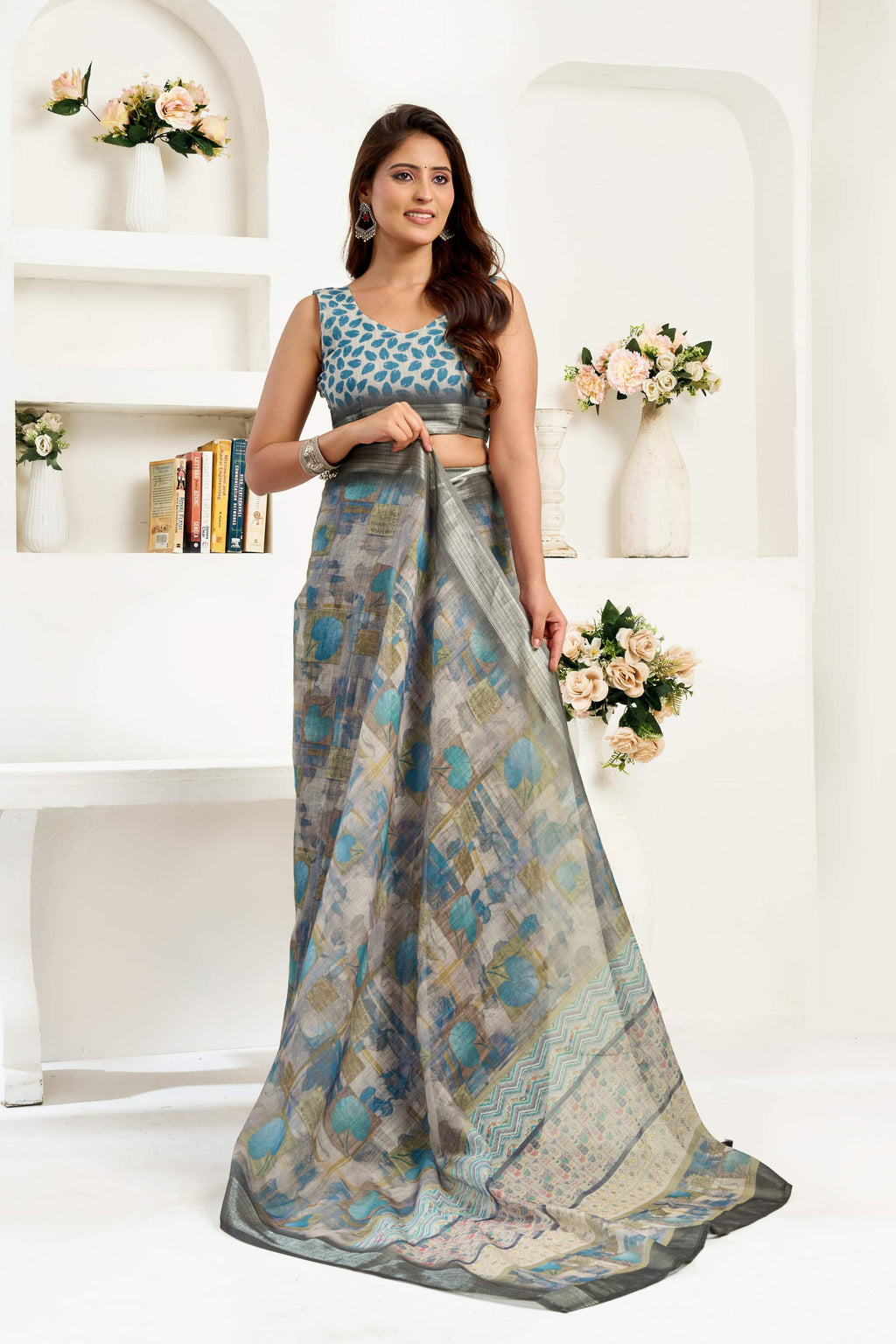 Grey Printed Ready To Wear Saree with Unstitched Blouse