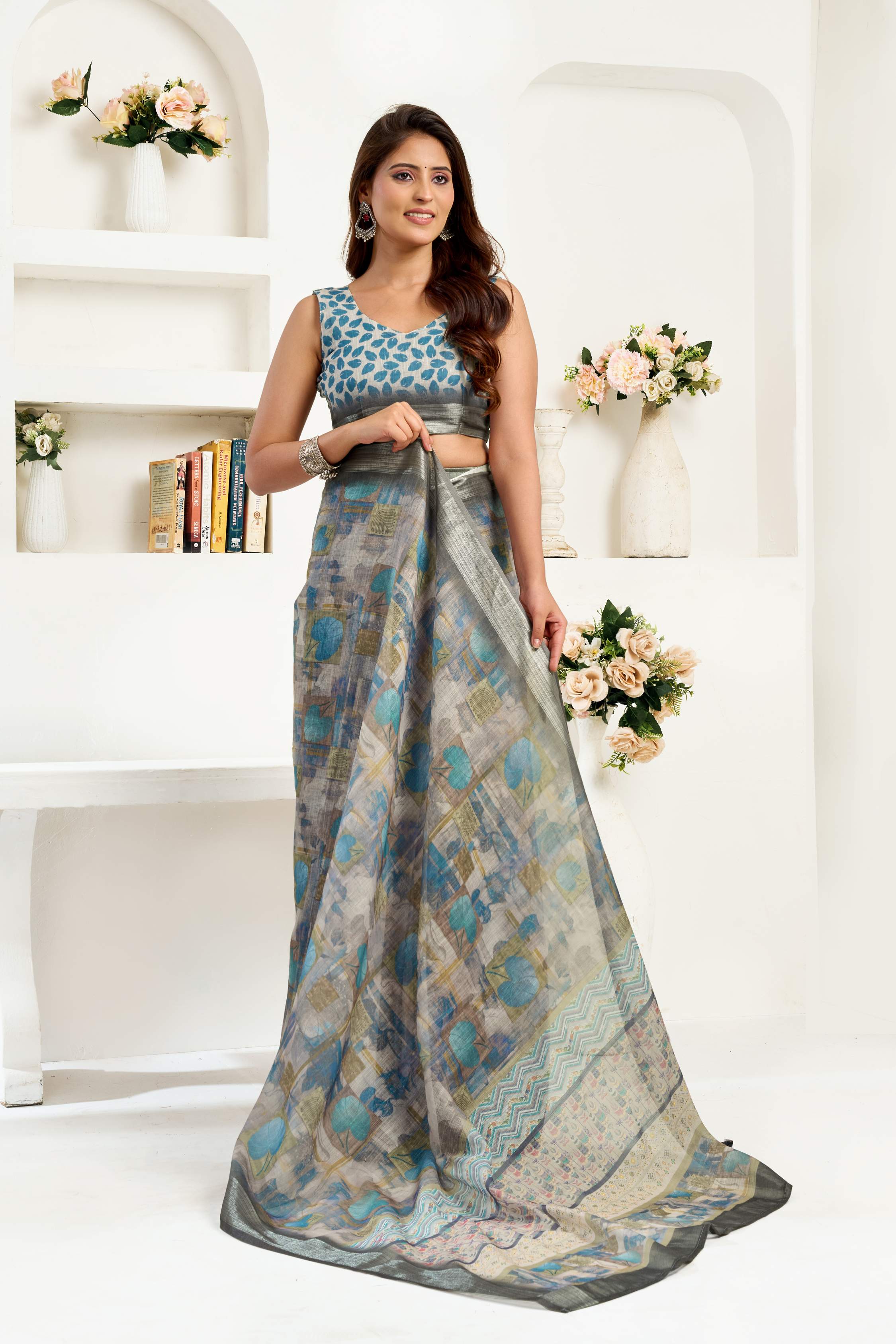 Grey Printed Ready To Wear Saree with Unstitched Blouse