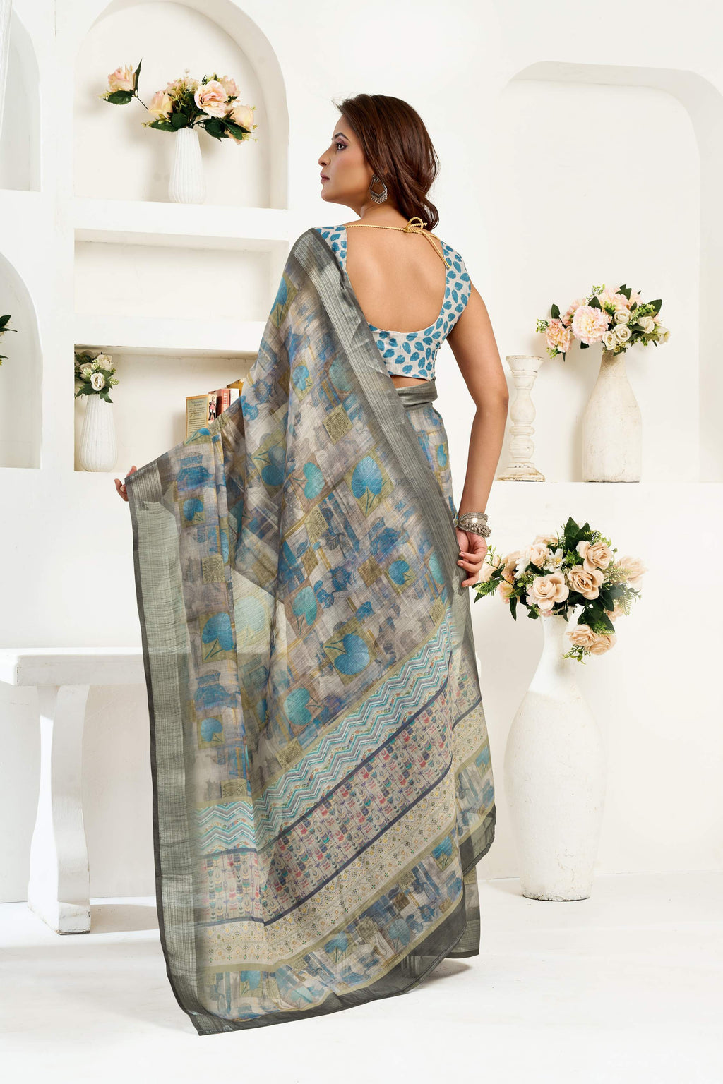 Grey Printed Ready To Wear Saree with Unstitched Blouse