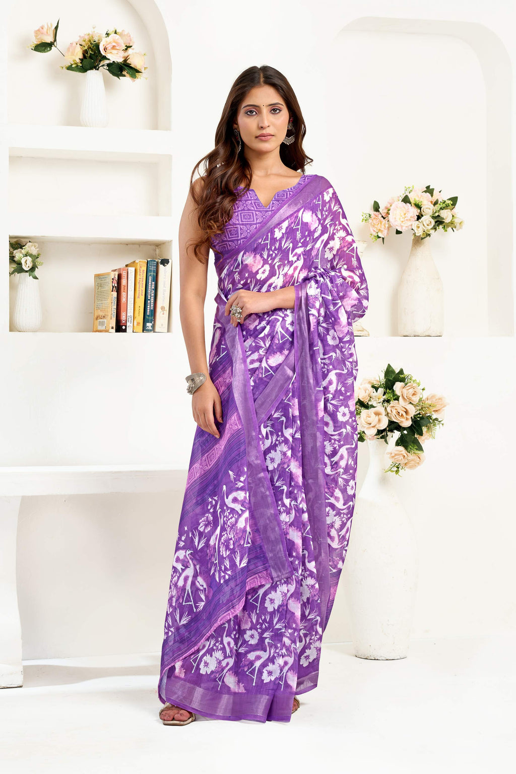 Lavender printed linen ready-to-wear saree with unstitched blouse
