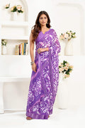 Lavender printed linen ready-to-wear saree with unstitched blouse