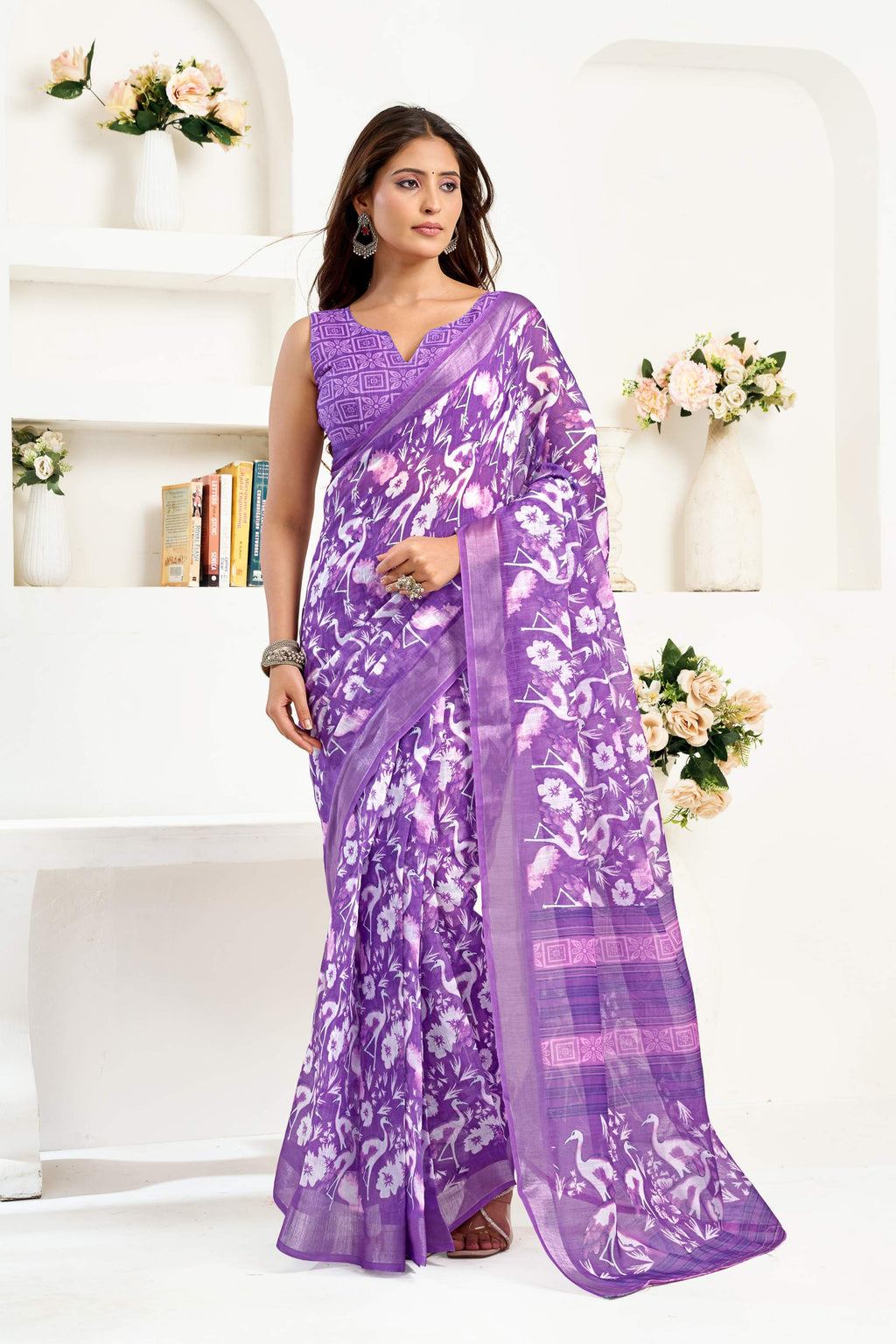 Lavender Printed Linen Ready To Wear Party Saree