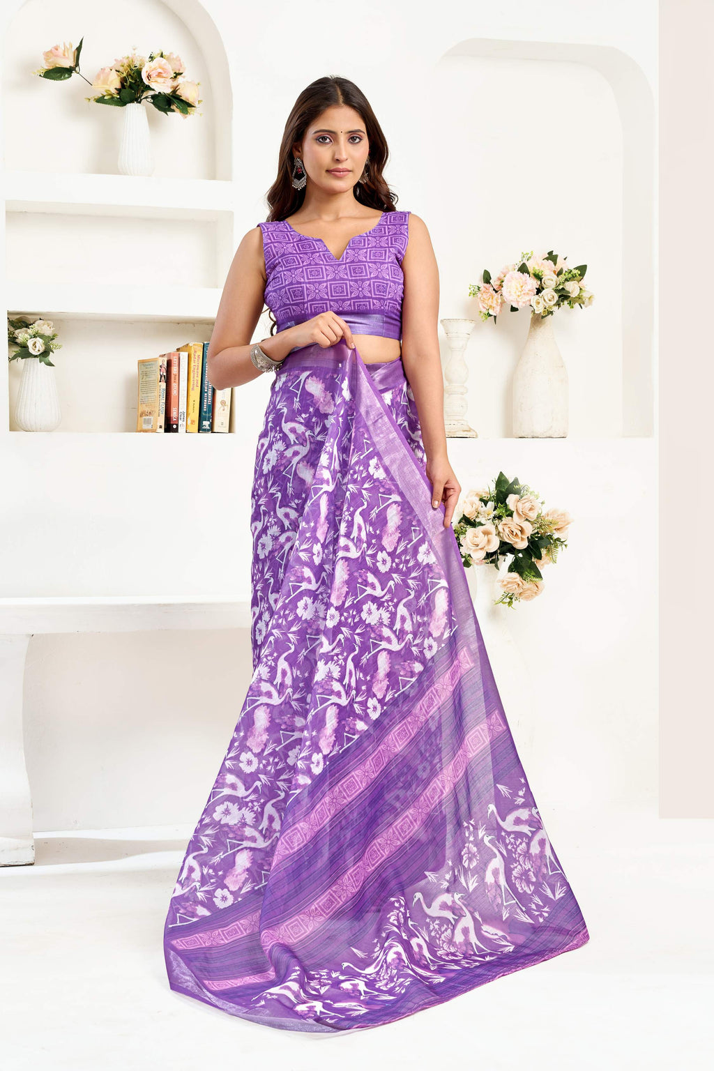Lavender Printed Linen Ready To Wear Party Saree