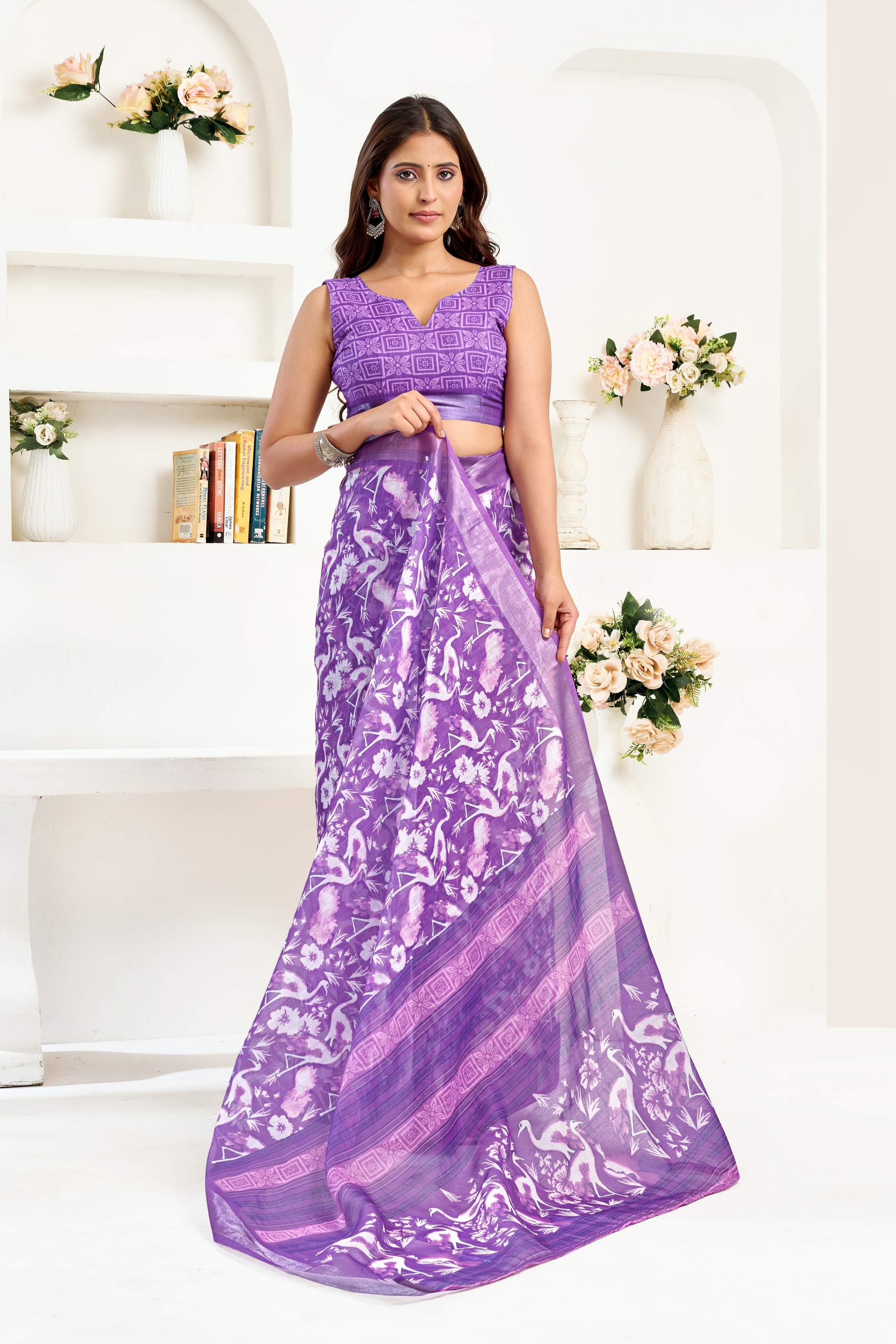Lavender Printed Linen Ready To Wear Party Saree