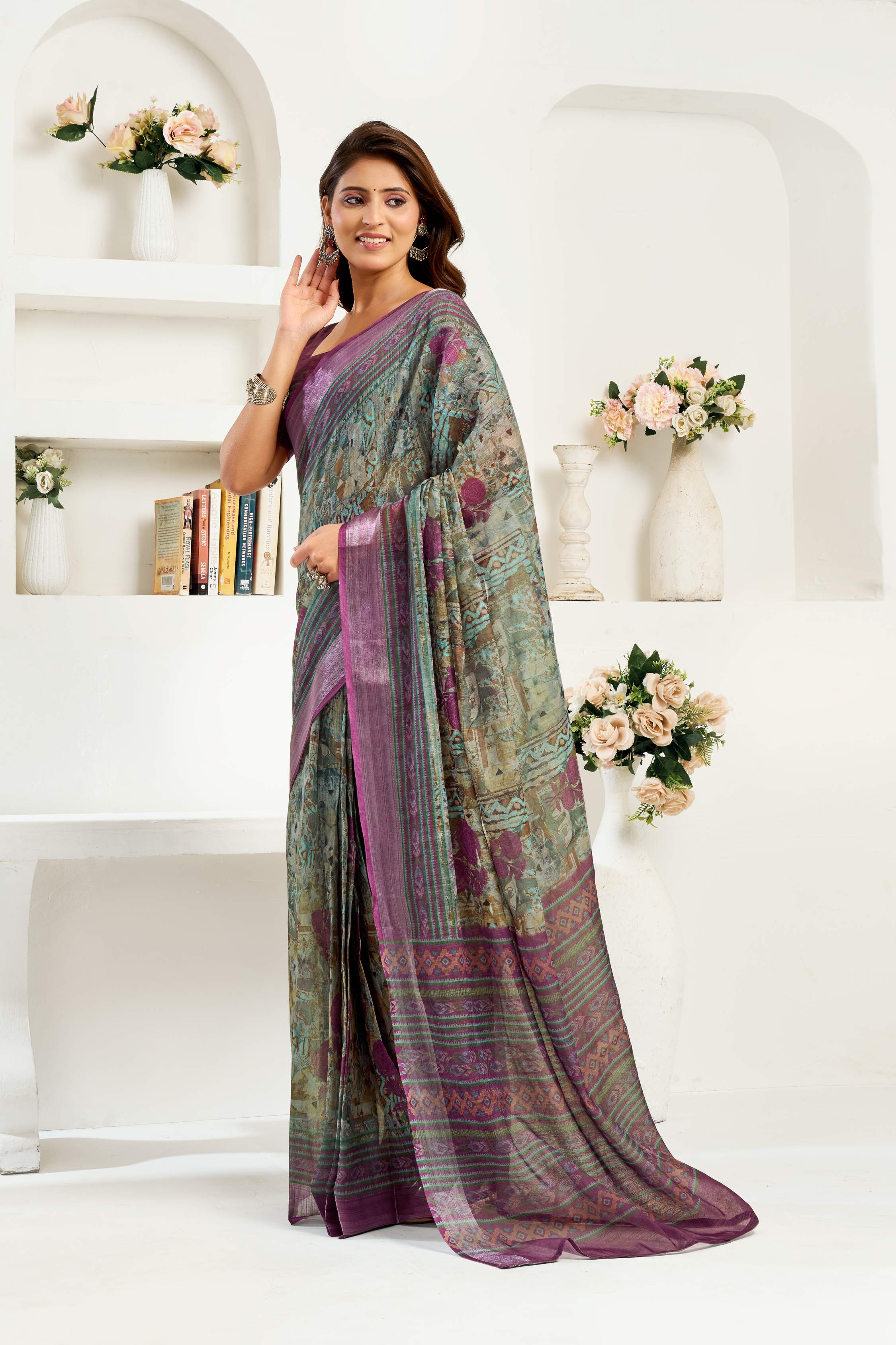Sage Green printed linen ready-to-wear saree for party wear
