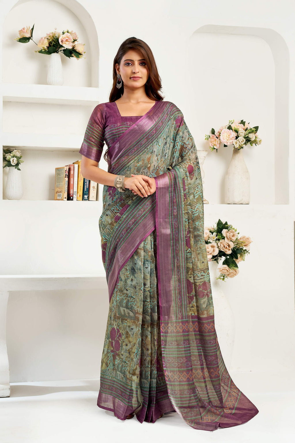 Sage Green Printed Linen Ready-To-Wear Party Saree