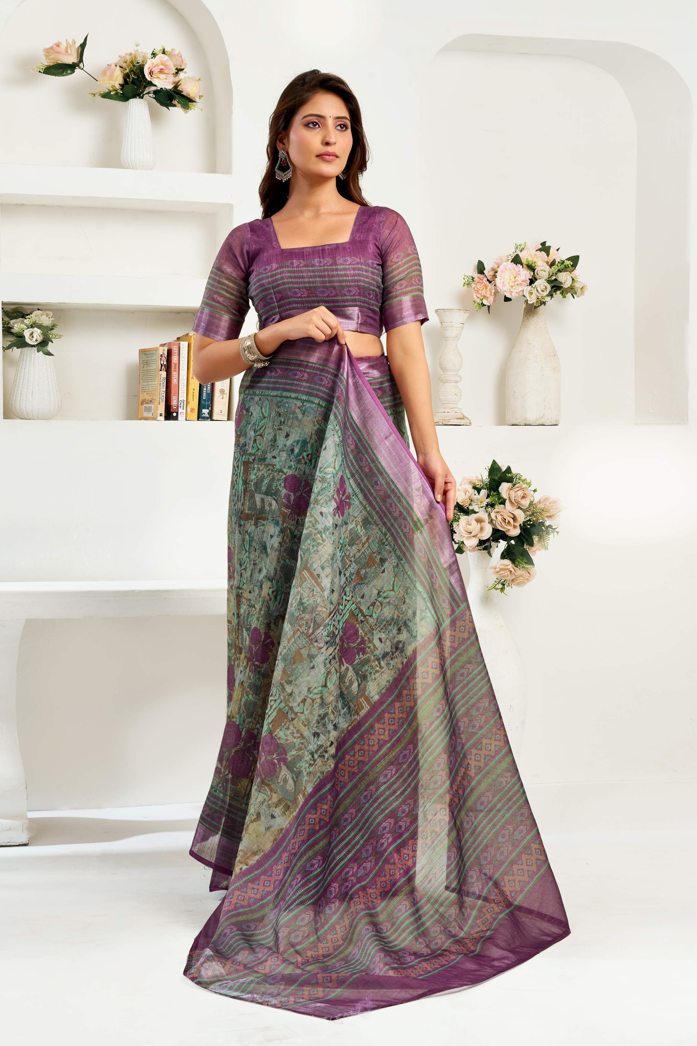 Sage Green Printed Linen Ready-To-Wear Party Saree