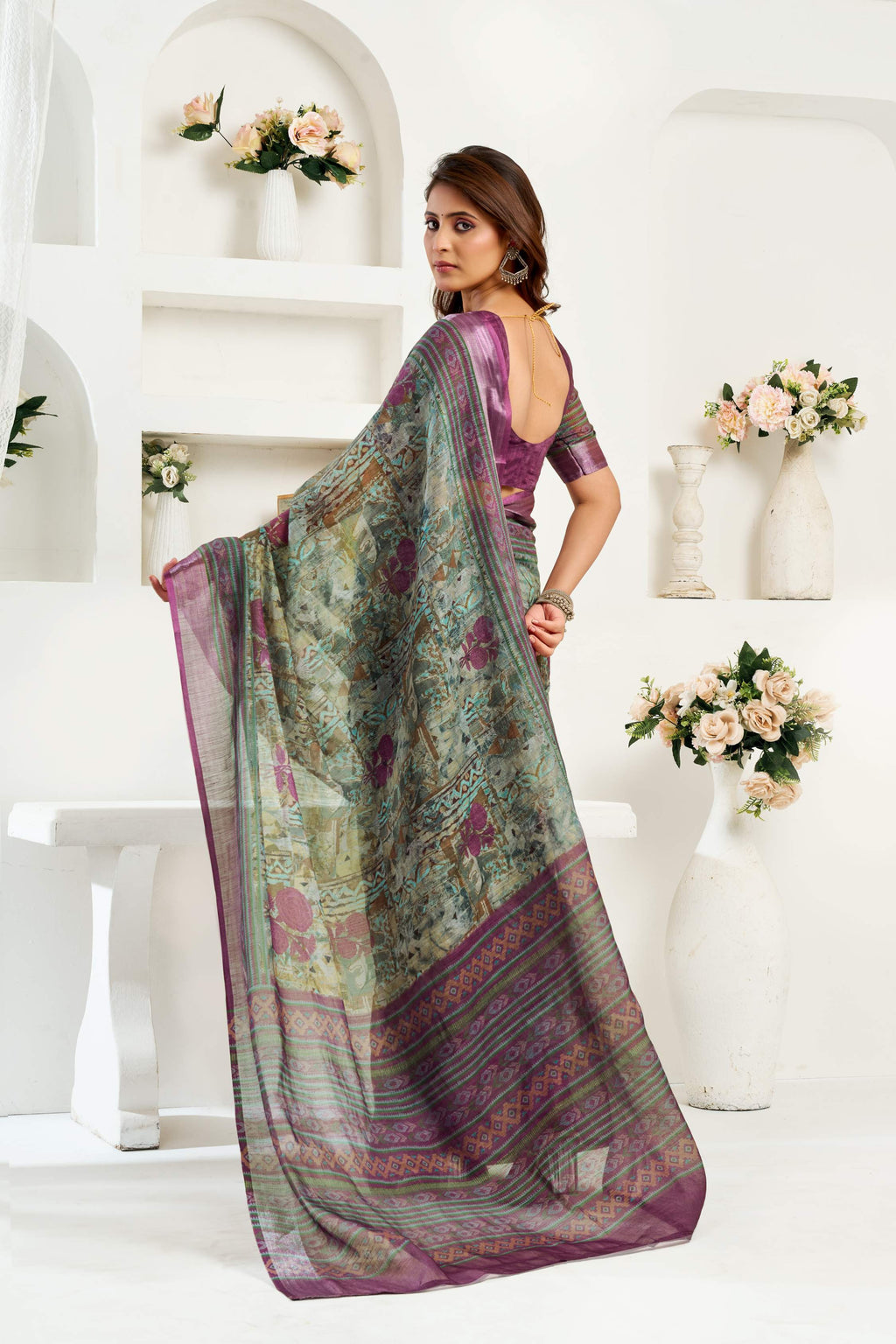 Sage Green Printed Linen Ready-To-Wear Party Saree