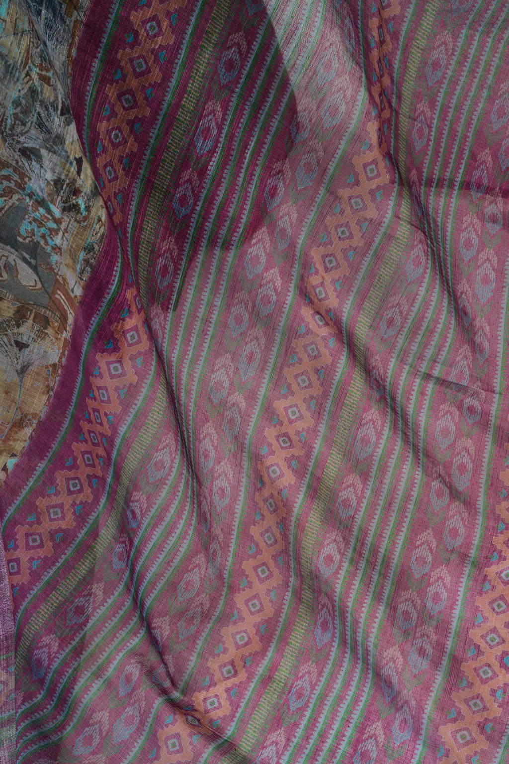 Sage Green Printed Linen Ready-To-Wear Party Saree