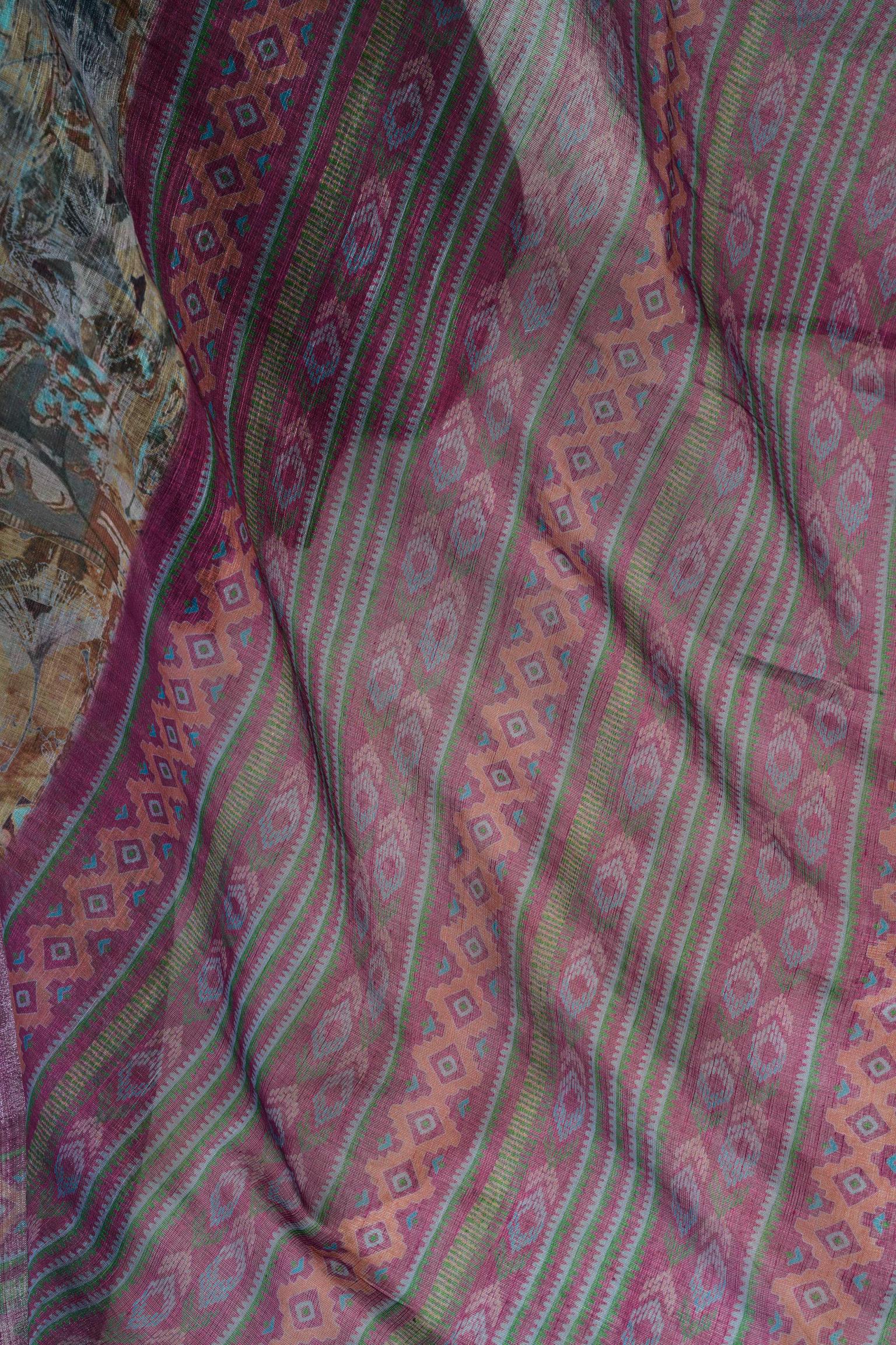 Sage Green Printed Linen Ready-To-Wear Party Saree