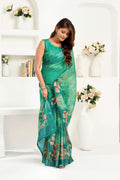 Green Printed Linen Ready-to-Wear Saree accompanied by unstitched blouse piece