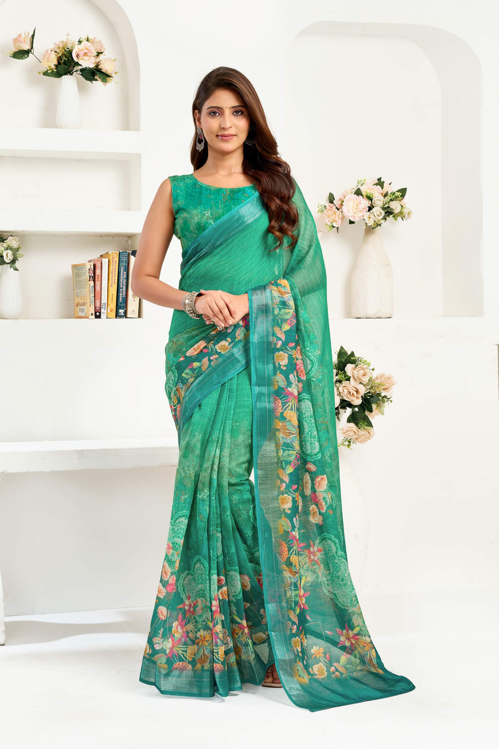 Green Printed Linen Ready-to-Wear Saree with Unstitched Blouse