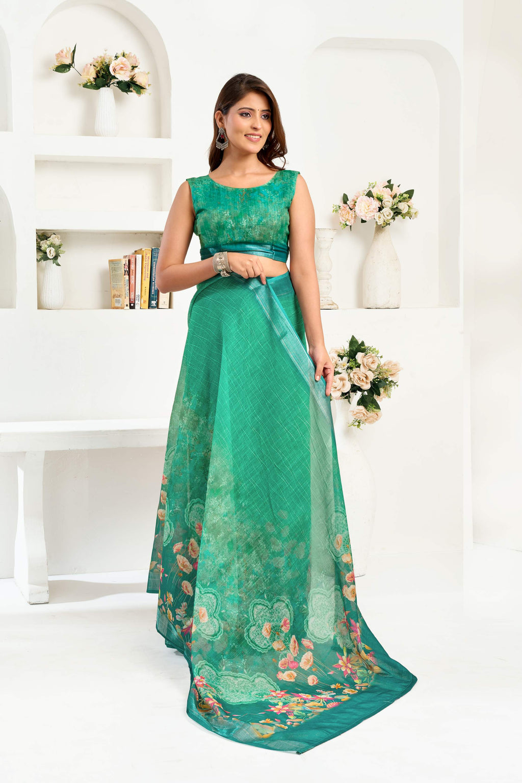 Green Printed Linen Ready-to-Wear Saree with Unstitched Blouse