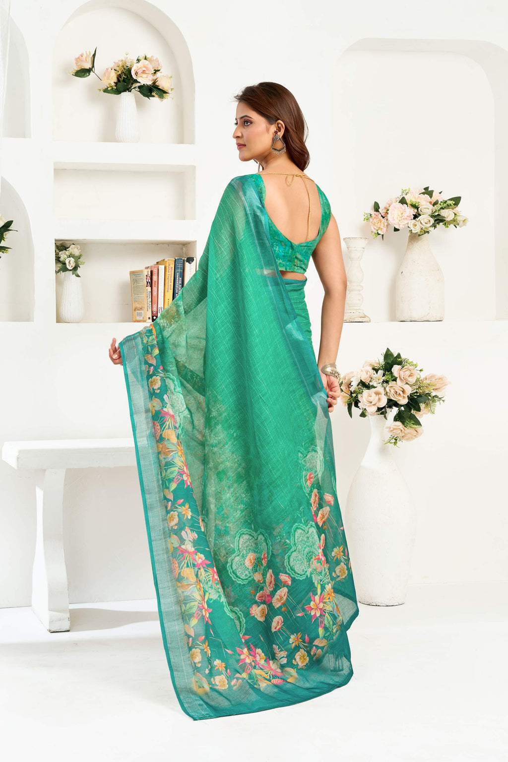 Green Printed Linen Ready-to-Wear Saree with Unstitched Blouse