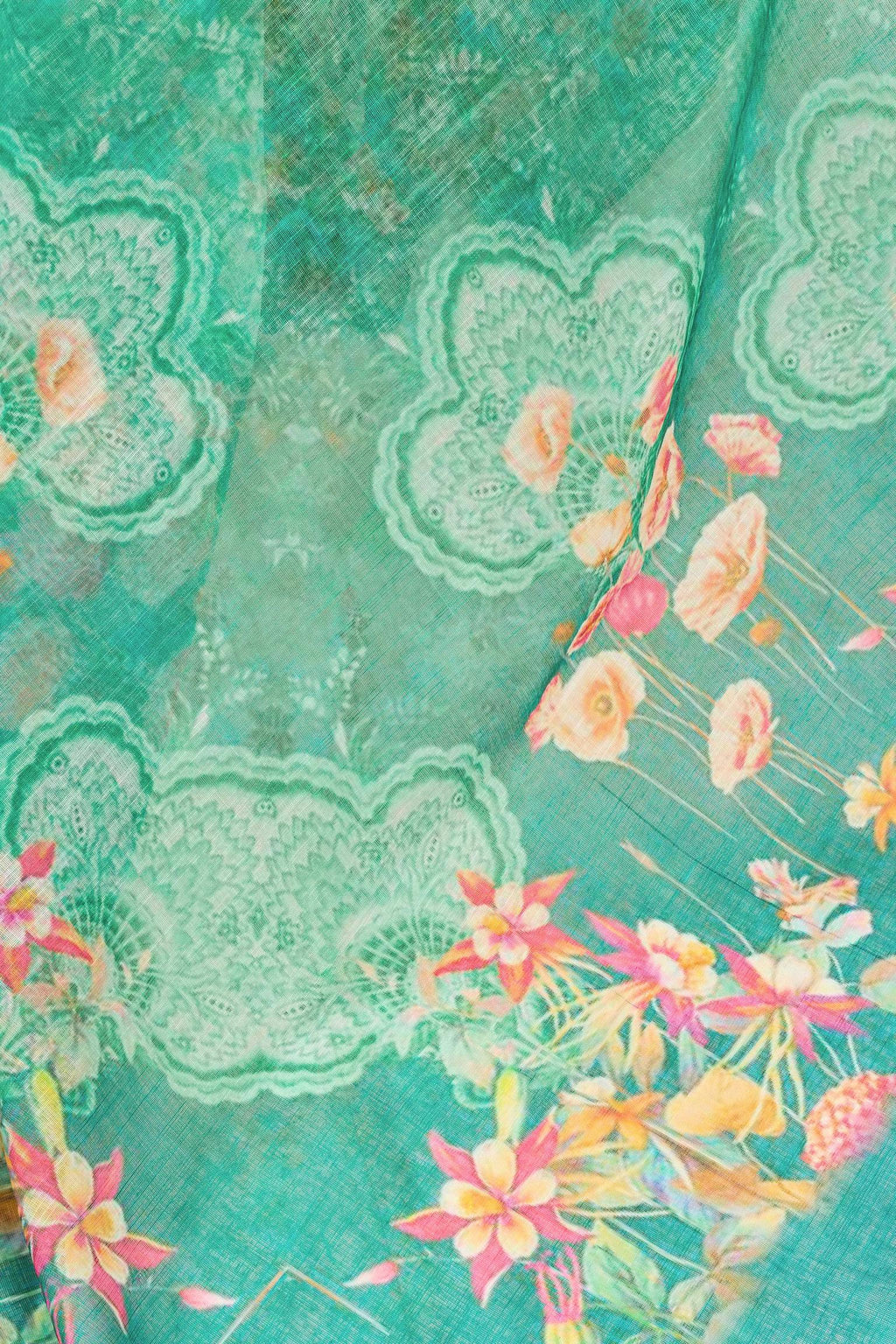Green Printed Linen Ready-to-Wear Saree with Unstitched Blouse