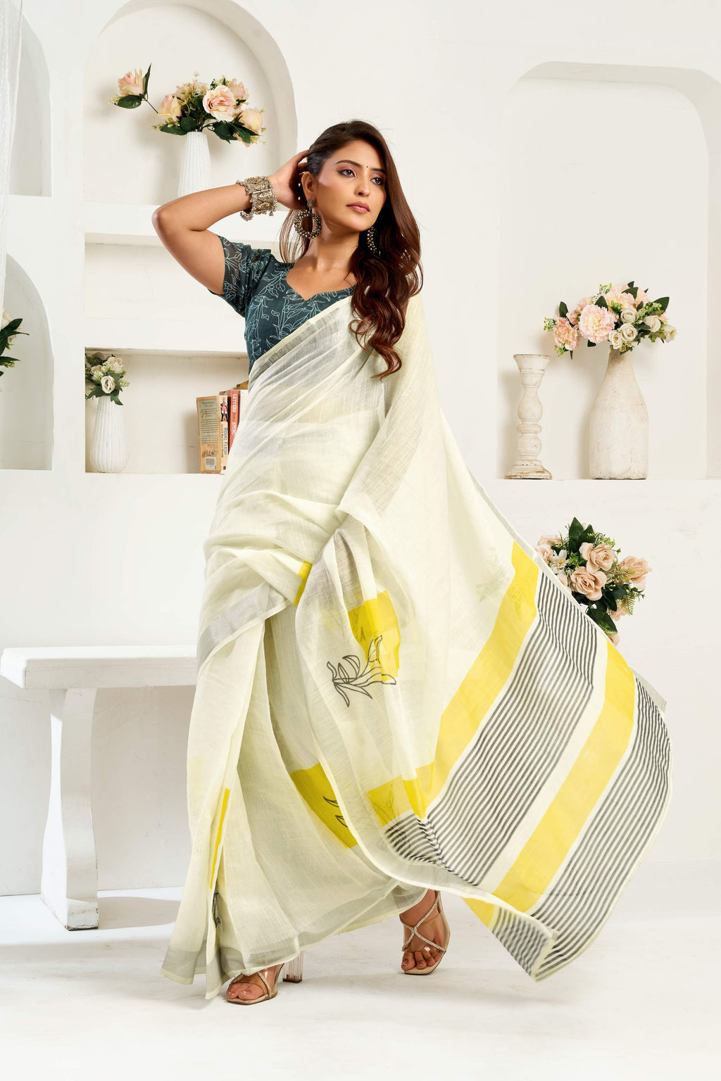 White Printed Linen Ready to Wear Saree with Blouse Piece