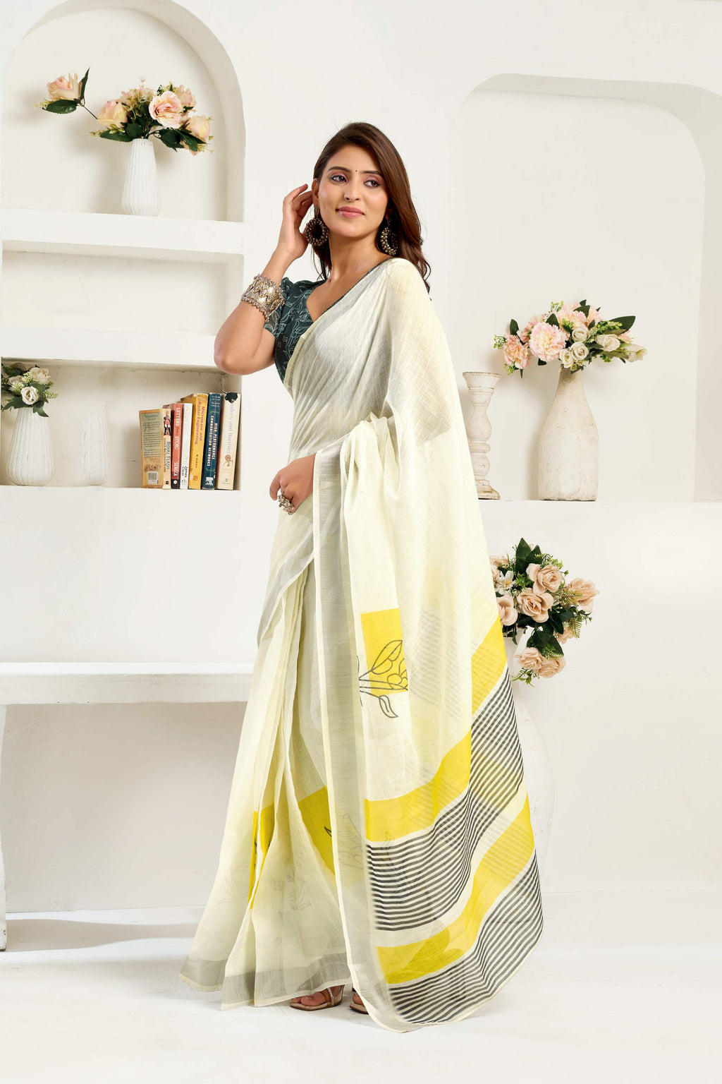 White printed linen ready-to-wear saree with matching unstitched blouse