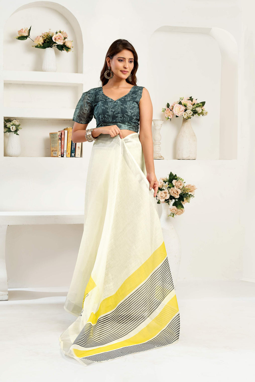 White Printed Linen Ready to Wear Saree with Blouse Piece