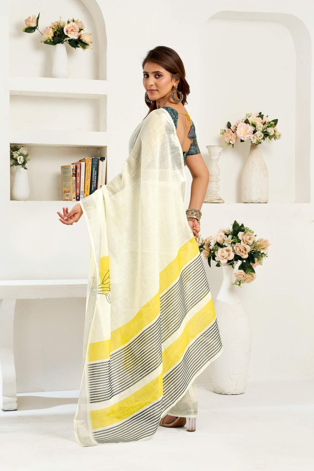 White Printed Linen Ready to Wear Saree with Blouse Piece