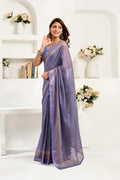Navy blue printed linen ready-to-wear saree with matching unstitched blouse