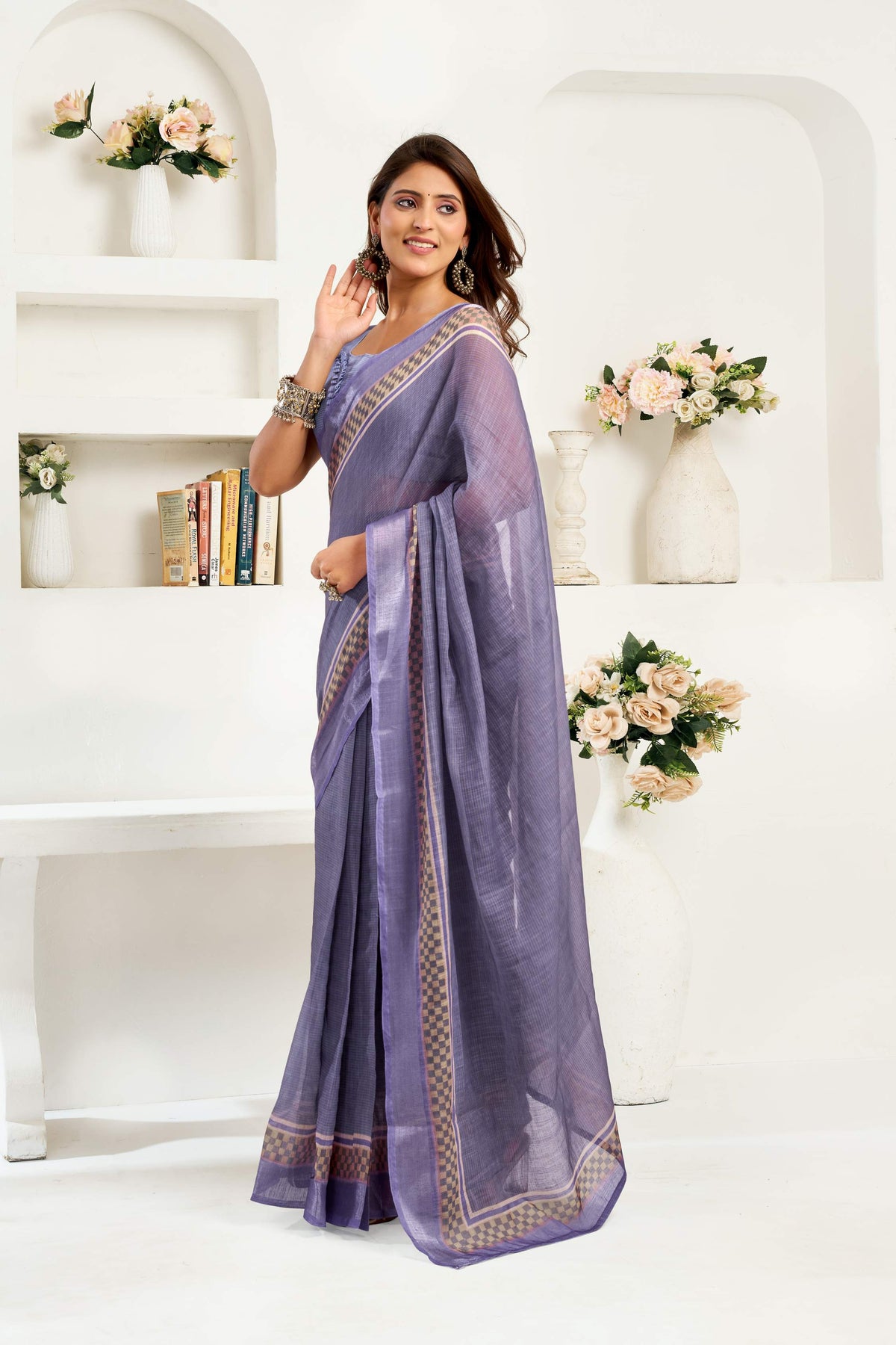 Navy blue printed linen ready-to-wear saree with matching unstitched blouse