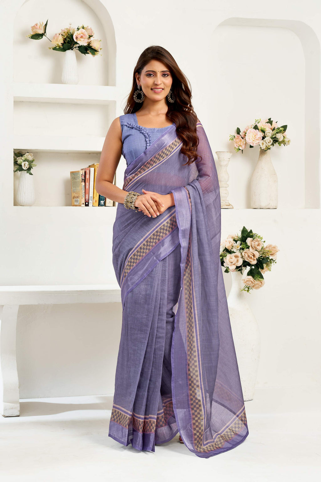 Navy Blue Printed Linen Ready To Wear Saree With Unstitched Blouse