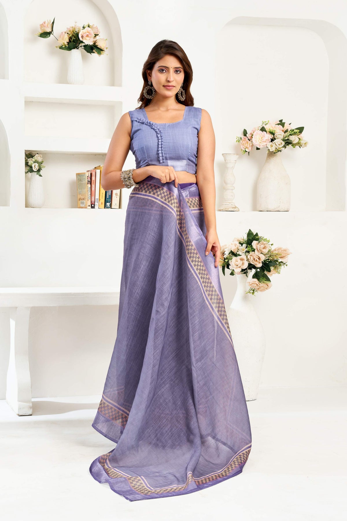 Navy Blue Printed Linen Ready To Wear Saree With Unstitched Blouse