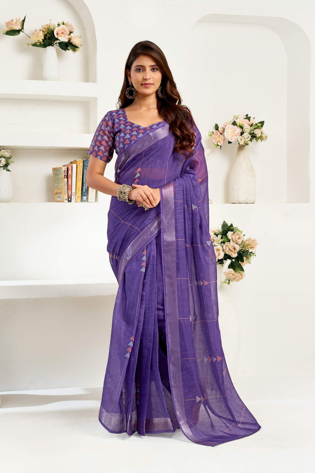 Navy Blue Printed Linen Ready to Wear Saree with Blouse