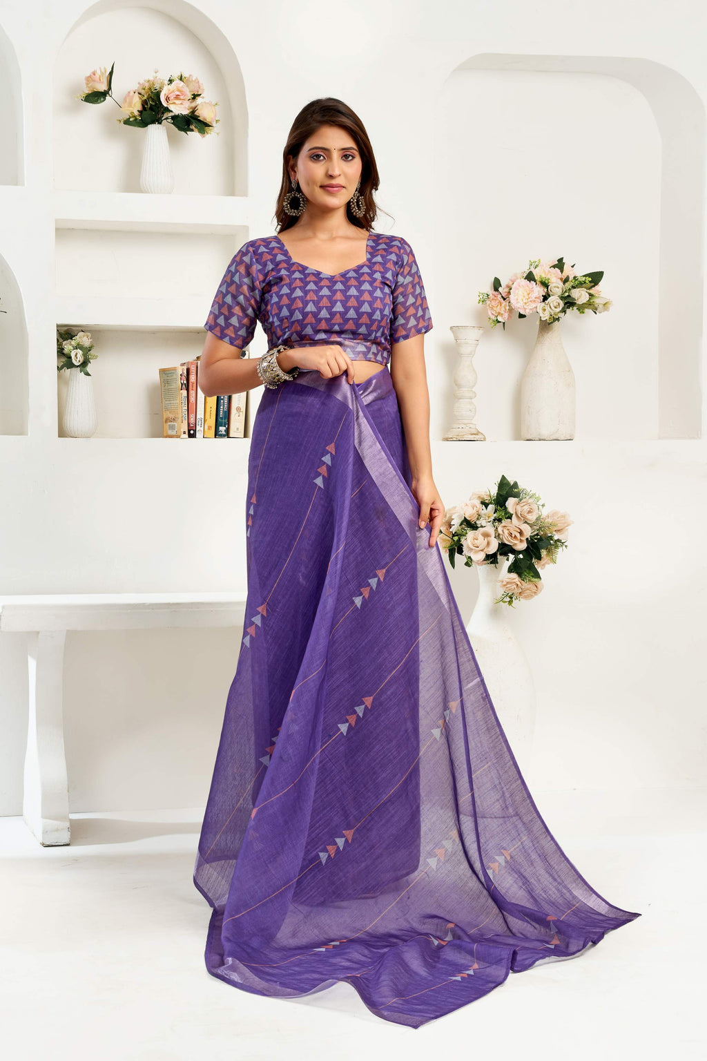 Navy Blue Printed Linen Ready to Wear Saree with Blouse