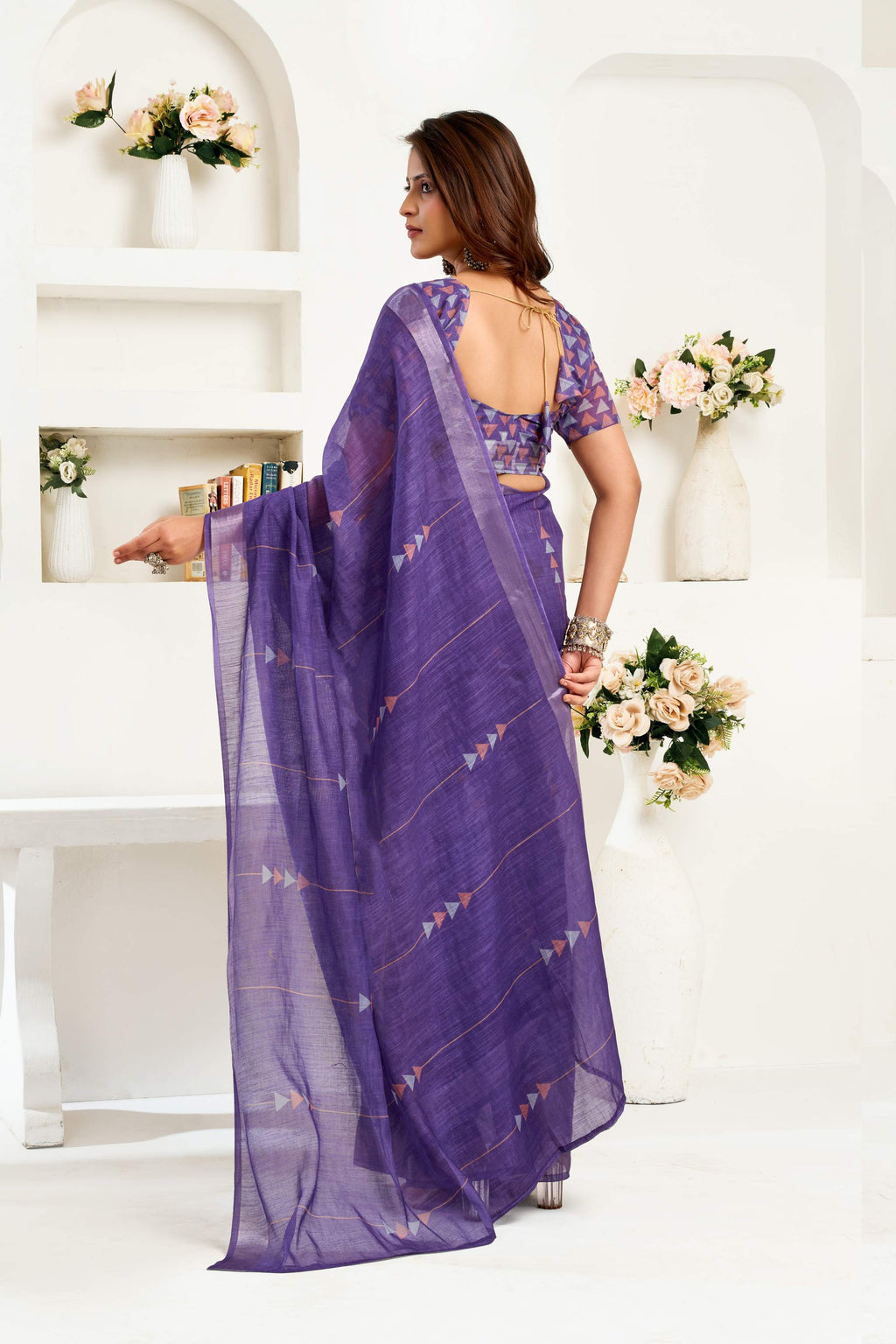 Navy Blue Printed Linen Ready to Wear Saree with Blouse