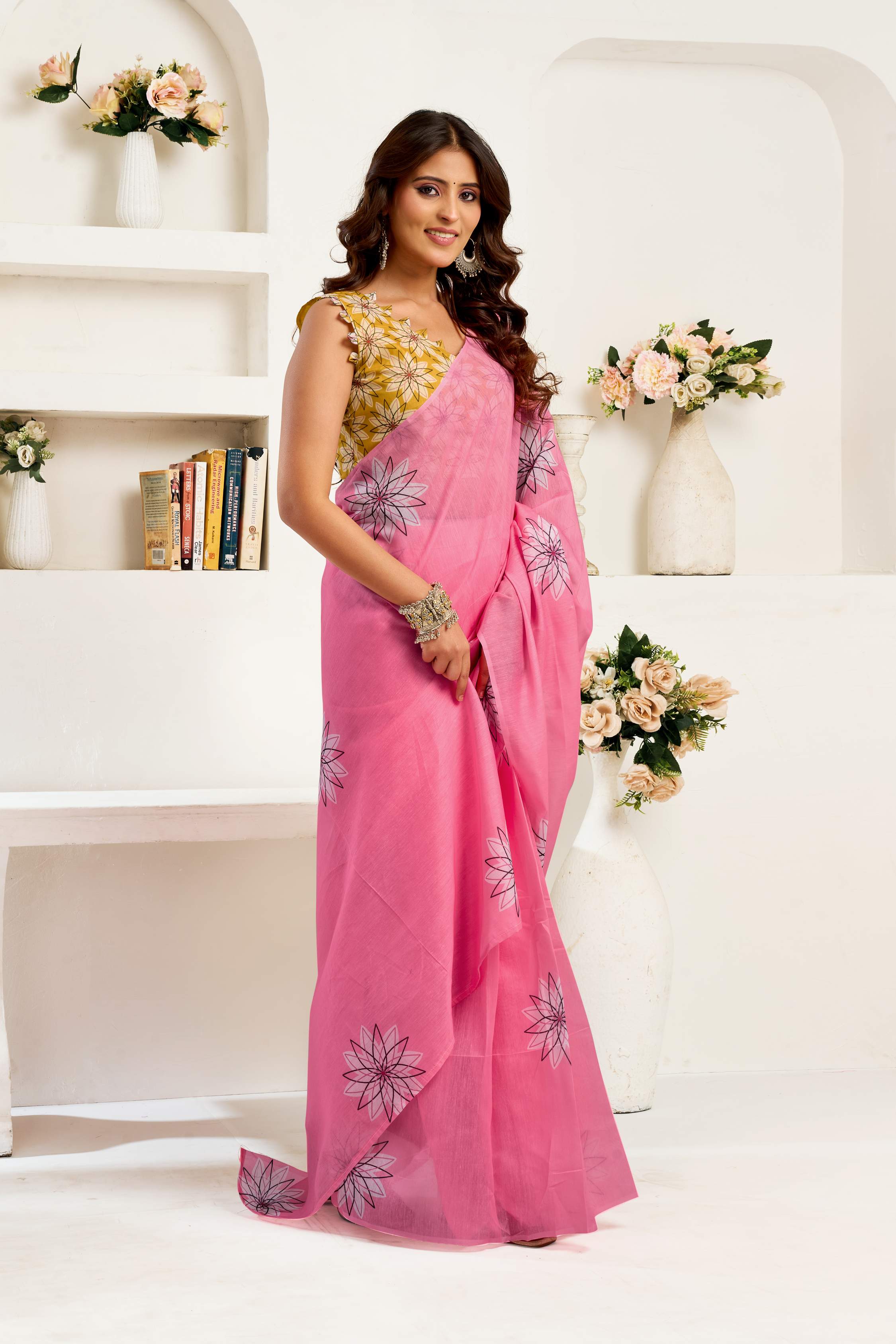 Pink printed linen ready-to-wear saree with matching unstitched blouse piece