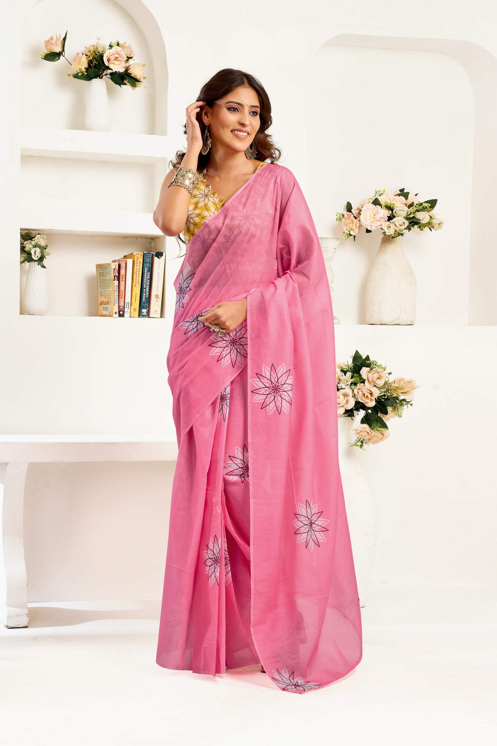Pink Printed Linen Ready To Wear Saree With Unstitched Blouse