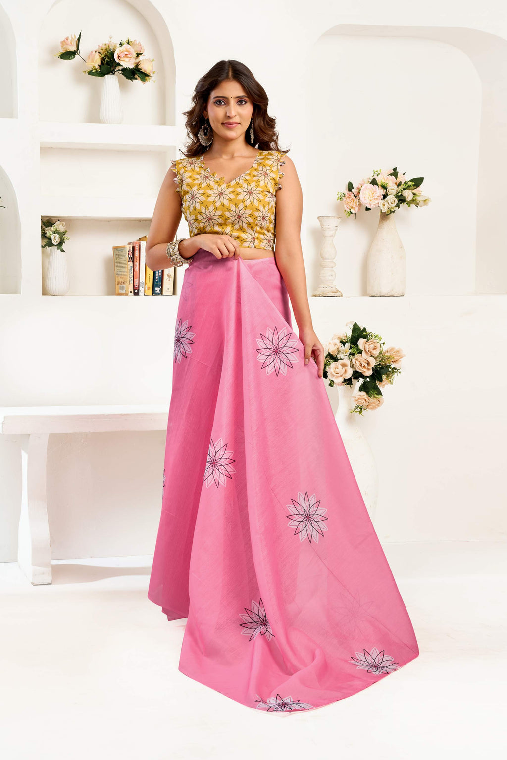 Pink Printed Linen Ready To Wear Saree With Unstitched Blouse