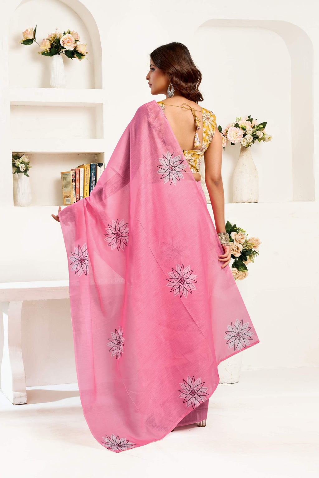 Pink Printed Linen Ready To Wear Saree With Unstitched Blouse