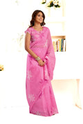 Pink printed linen ready-to-wear saree with matching unstitched blouse