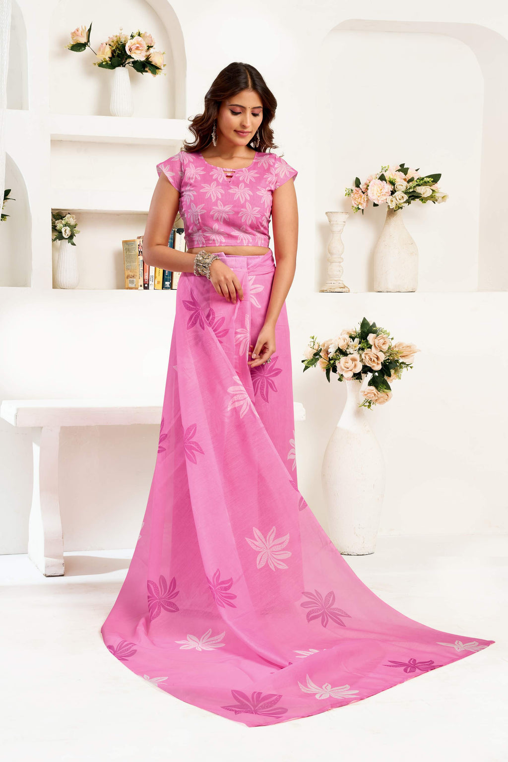 Pink Printed Linen Ready To Wear Saree With Unstitched Blouse